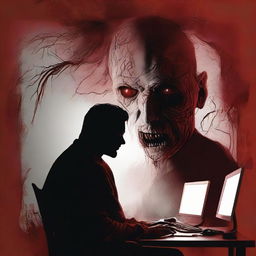 A petrifying digital art e-poster of a paranoid man fixated on his computer, set against a deeply terrifying background. Intensify the horror by adding elements such as blood-chilling shadows, spectral figures, and unsettling distortions.