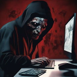 A petrifying digital art e-poster of a paranoid man fixated on his computer, set against a deeply terrifying background. Intensify the horror by adding elements such as blood-chilling shadows, spectral figures, and unsettling distortions.