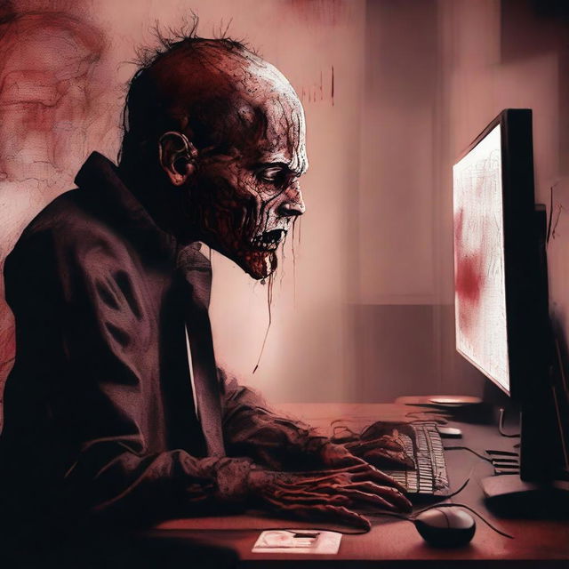 A petrifying digital art e-poster of a paranoid man fixated on his computer, set against a deeply terrifying background. Intensify the horror by adding elements such as blood-chilling shadows, spectral figures, and unsettling distortions.