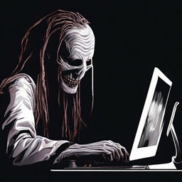 A dread-inducing digital art e-poster, showcasing a paranoid man staring into his computer, set against a pitch-black background. Amplify the fear factor by materializing a creepy, ghostly smile in the darkness.