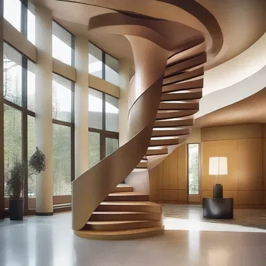 The architect designed a stunning spiraling staircase in the lobby, inspired by the wedel technique in skiing.