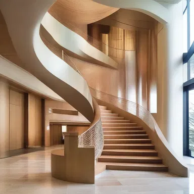 The architect designed a stunning spiraling staircase in the lobby, inspired by the wedel technique in skiing.
