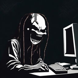 A dread-inducing digital art e-poster, showcasing a paranoid man staring into his computer, set against a pitch-black background. Amplify the fear factor by materializing a creepy, ghostly smile in the darkness.