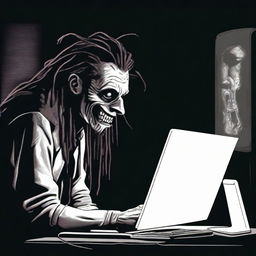 A dread-inducing digital art e-poster, showcasing a paranoid man staring into his computer, set against a pitch-black background. Amplify the fear factor by materializing a creepy, ghostly smile in the darkness.