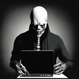 A spine-chilling digital art e-poster featuring a paranoid human staring fixedly into a computer. Set against a stark black background, introduce a disembodied, horrifying smile gleaming in the darkness to enhance the scare factor.