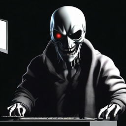 A spine-chilling digital art e-poster featuring a paranoid human staring fixedly into a computer. Set against a stark black background, introduce a disembodied, horrifying smile gleaming in the darkness to enhance the scare factor.