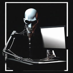 A spine-chilling digital art e-poster featuring a paranoid human staring fixedly into a computer. Set against a stark black background, introduce a disembodied, horrifying smile gleaming in the darkness to enhance the scare factor.