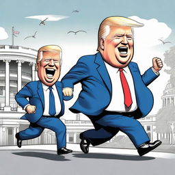 Create a comic-style poster depicting a caricature of Donald Trump energetically racing a caricature of Joe Biden with a walker, with the White House strikingly represented in the background.