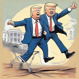 Create a comic-style poster depicting a caricature of Donald Trump energetically racing a caricature of Joe Biden with a walker, with the White House strikingly represented in the background.