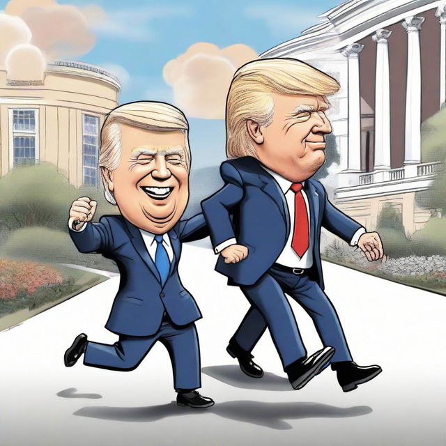 Create a comic-style poster depicting a caricature of Donald Trump energetically racing a caricature of Joe Biden with a walker, with the White House strikingly represented in the background.