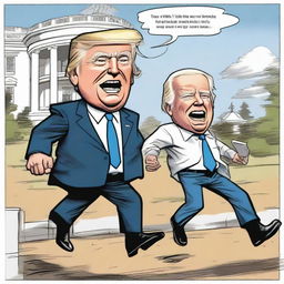 Create a comic-style poster depicting a caricature of Donald Trump energetically racing a caricature of Joe Biden with a walker, with the White House strikingly represented in the background.