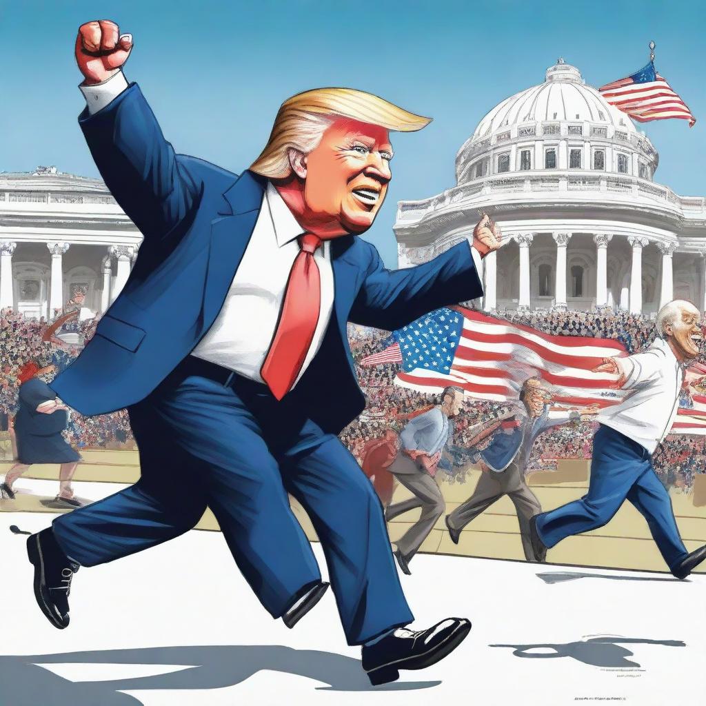 Design a vibrant poster showcasing a robust caricature of Donald Trump victoriously winning a race, and a caricature of Joe Biden, seeming weak, with a walker trying to catch up, underscored by the White House in the background.