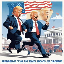 Design a vibrant poster showcasing a robust caricature of Donald Trump victoriously winning a race, and a caricature of Joe Biden, seeming weak, with a walker trying to catch up, underscored by the White House in the background.