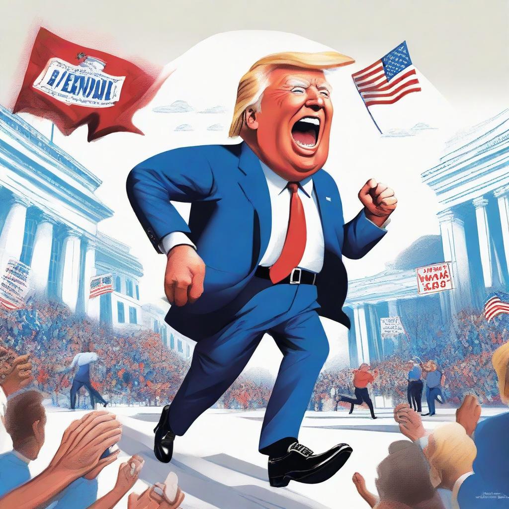 Design a vibrant poster showcasing a robust caricature of Donald Trump victoriously winning a race, and a caricature of Joe Biden, seeming weak, with a walker trying to catch up, underscored by the White House in the background.