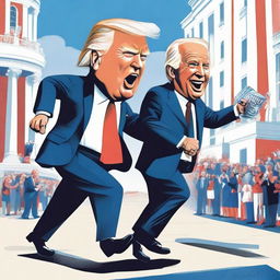 Design a vibrant poster showcasing a robust caricature of Donald Trump victoriously winning a race, and a caricature of Joe Biden, seeming weak, with a walker trying to catch up, underscored by the White House in the background.