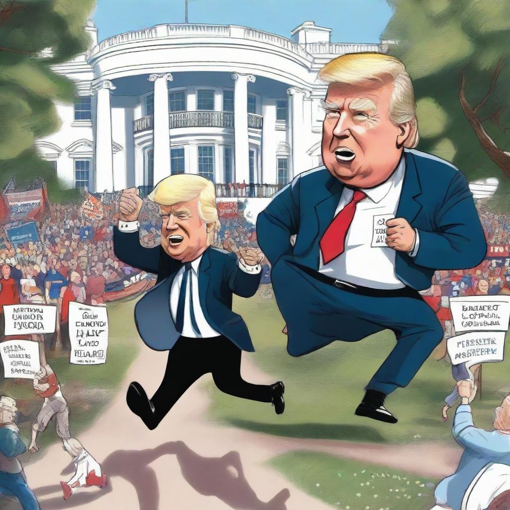 Produce a satirical cartoon-style poster, featuring a virile Donald Trump caricature triumphantly winning a race, a struggling Joe Biden caricature losing with a walker, with the White House notably depicted in the background.