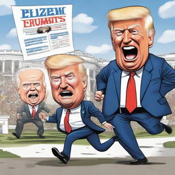 Produce a satirical cartoon-style poster, featuring a virile Donald Trump caricature triumphantly winning a race, a struggling Joe Biden caricature losing with a walker, with the White House notably depicted in the background.