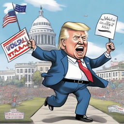 Produce a satirical cartoon-style poster, featuring a virile Donald Trump caricature triumphantly winning a race, a struggling Joe Biden caricature losing with a walker, with the White House notably depicted in the background.