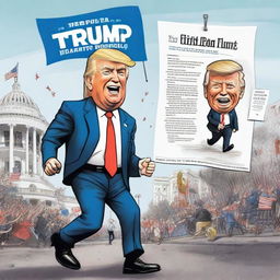 Produce a satirical cartoon-style poster, featuring a virile Donald Trump caricature triumphantly winning a race, a struggling Joe Biden caricature losing with a walker, with the White House notably depicted in the background.