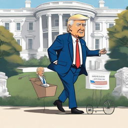 Generate a satirical cartoon-style poster with a powerful Donald Trump caricature leading and winning a race, a trailed, weak Joe Biden caricature with a walker behind him, with the White House distinctively represented in the background.