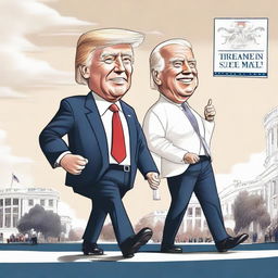 Generate a satirical cartoon-style poster with a powerful Donald Trump caricature leading and winning a race, a trailed, weak Joe Biden caricature with a walker behind him, with the White House distinctively represented in the background.