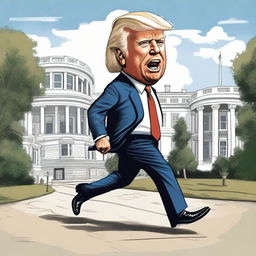 Generate a satirical cartoon-style poster with a powerful Donald Trump caricature leading and winning a race, a trailed, weak Joe Biden caricature with a walker behind him, with the White House distinctively represented in the background.