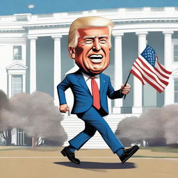 Generate a satirical cartoon-style poster with a powerful Donald Trump caricature leading and winning a race, a trailed, weak Joe Biden caricature with a walker behind him, with the White House distinctively represented in the background.