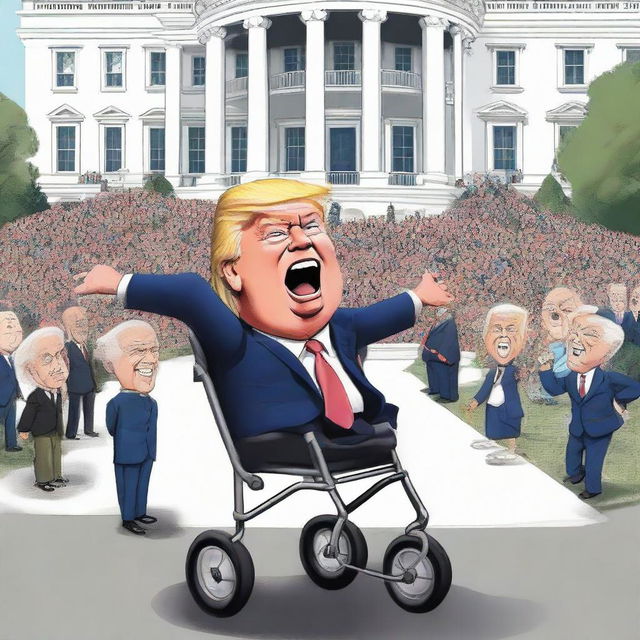 Craft a satirical, cartoon-style poster with a vigorous caricature of Donald Trump triumphantly winning a race, and a weaker caricature of Joe Biden losing, depicted in a baby stroller behind Trump, with the White House prominently displayed in the background.