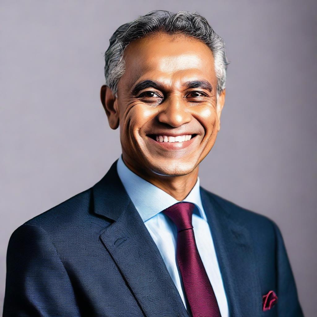 A sophisticated, professional middle-aged man named Zakaria, smiling warmly and wearing a tailored suit.