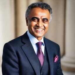 A sophisticated, professional middle-aged man named Zakaria, smiling warmly and wearing a tailored suit.