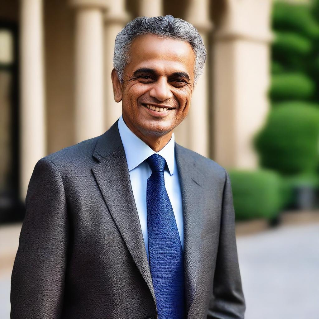 A sophisticated, professional middle-aged man named Zakaria, smiling warmly and wearing a tailored suit.