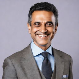 A sophisticated, professional middle-aged man named Zakaria, smiling warmly and wearing a tailored suit.