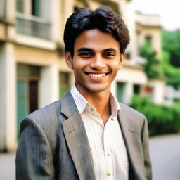 A youthful, energetic version of Zakaria, at 20 years old, showcasing a friendly, charming smile.