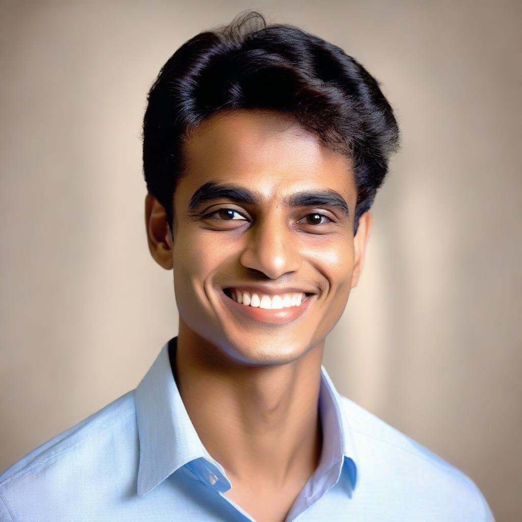 A youthful, energetic version of Zakaria, at 20 years old, showcasing a friendly, charming smile.