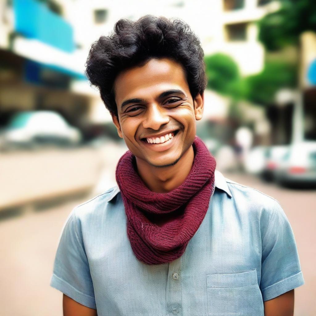 A youthful, energetic version of Zakaria, at 20 years old, showcasing a friendly, charming smile.