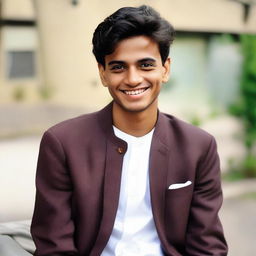 A youthful, energetic version of Zakaria, at 20 years old, showcasing a friendly, charming smile.