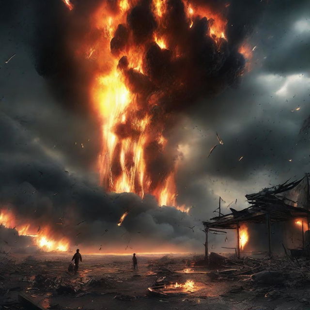 A dramatic, apocalyptic scene displaying the end of the world with fire and meteors raining from an ominously dark sky.