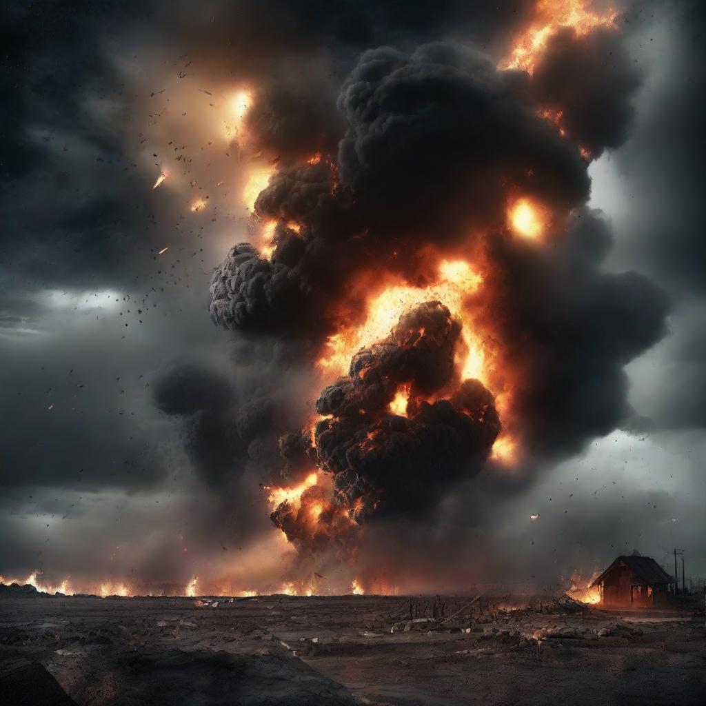 A dramatic, apocalyptic scene displaying the end of the world with fire and meteors raining from an ominously dark sky.