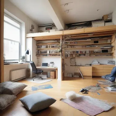 The architect designed a spacious loft with an elegant study area, but the homeowner transformed it into a messy room for loons.