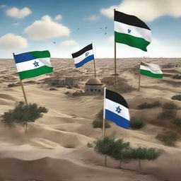 A peaceful scene representing the end of the Israeli occupation with Palestinian flags proudly flying over reclaimed lands.