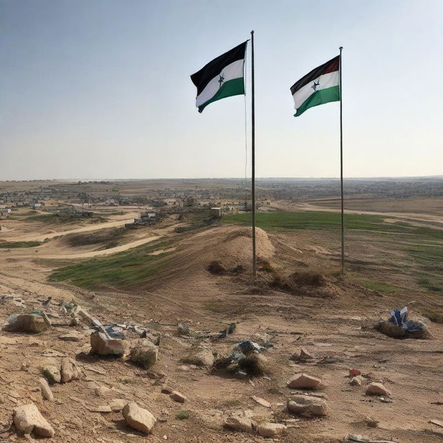 A peaceful scene representing the end of the Israeli occupation with Palestinian flags proudly flying over reclaimed lands.