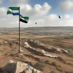 A peaceful scene representing the end of the Israeli occupation with Palestinian flags proudly flying over reclaimed lands.