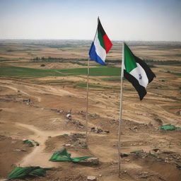 A peaceful scene representing the end of the Israeli occupation with Palestinian flags proudly flying over reclaimed lands.