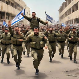 A powerful depiction showcasing the departure of Israeli soldiers from Palestinian territory followed by celebration and joy.