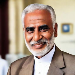 A seasoned, respected man known as Yahya Sinwar, sporting a warm smile, combined with a commanding and intelligent gaze.