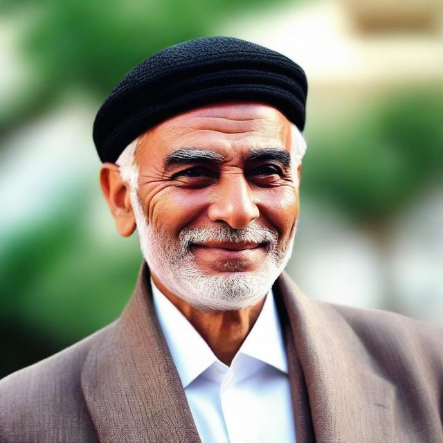 A seasoned, respected man known as Yahya Sinwar, sporting a warm smile, combined with a commanding and intelligent gaze.