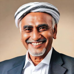 A seasoned, respected man known as Yahya Sinwar, sporting a warm smile, combined with a commanding and intelligent gaze.