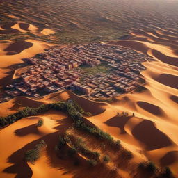 A stunning aerial view of Morocco showcasing its rich landscape diversity: from sandy desert dunes, lush mountain ranges to vibrant cityscapes.