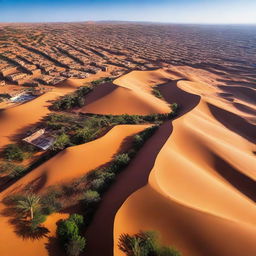 A stunning aerial view of Morocco showcasing its rich landscape diversity: from sandy desert dunes, lush mountain ranges to vibrant cityscapes.