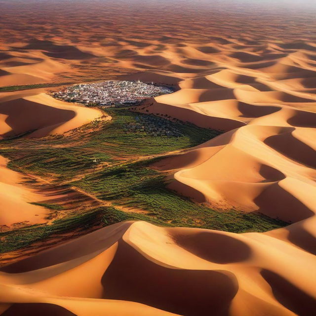 A stunning aerial view of Morocco showcasing its rich landscape diversity: from sandy desert dunes, lush mountain ranges to vibrant cityscapes.